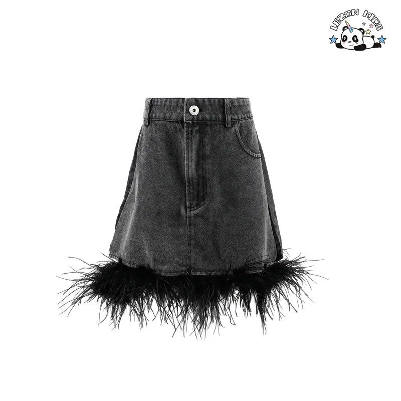 LEZONKIDS - Customized Children's Clothing Girls' High Quality Denim Skirt Detachable Feather Denim Skirt